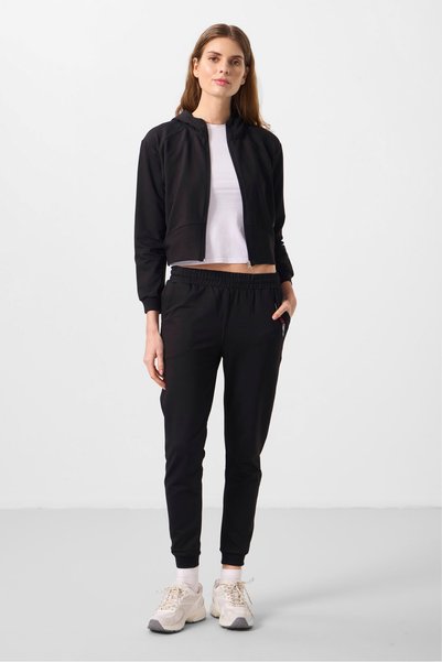 Black Hooded Zippered Standard Fit Women's Tracksuit Set - 95328