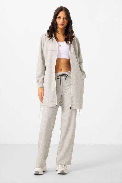 Gray Melange Stand Collar Zippered Cotton Women's Tracksuit Tunic Set - 95346
