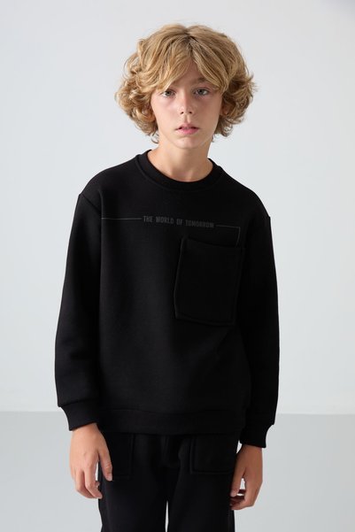 Black Cotton Thick Fleece Lined Soft Textured Standard Fit Printed Boys Tracksuit Set - 11257