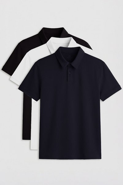 Standard Fit Basic Polo Collar 3-Pack Black-White-Navy Men's T-Shirt 87768