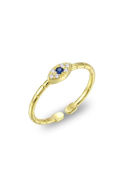 925 Sterling Silver Gold Plated Eye Motif Ring with Dark Blue Stone - Adjustable Minimal Women's Ring Sg