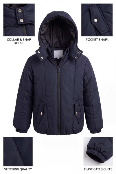 Children's Unisex Navy Blue Regular Fit Flat Zippered Hooded Coat