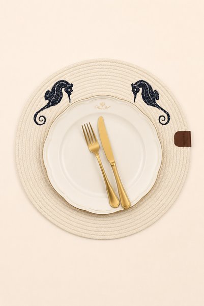 Seahorse Patterned Round Knitted Supla Decorative Table Service and Table Mat 33-34 cm