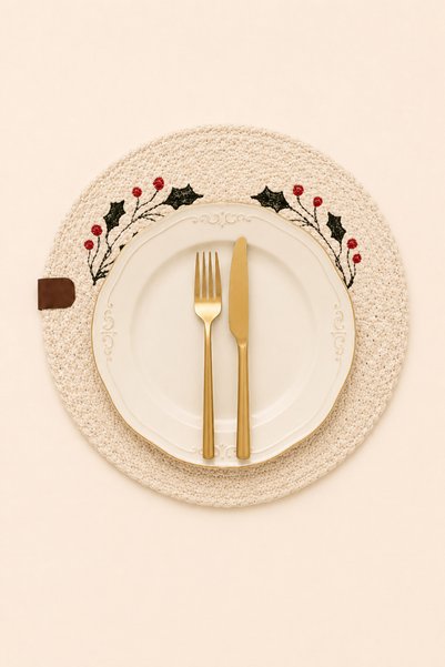 Hollyhock Embroidered Round Knitted Supla Decorative Table Service and Table Mat 33-34 cm