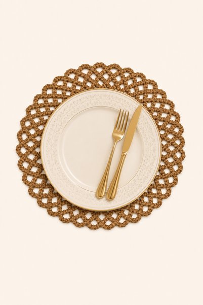 Lace Edged Round Knitted Supla Decorative Table Serving and Placemat 33-34 cm - Tan