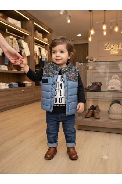 ALİŞŞ BEBE елек за бебиња, полнет, со плетени детали, топол, отпорен на ветер, со копчиња, портокалово-син
