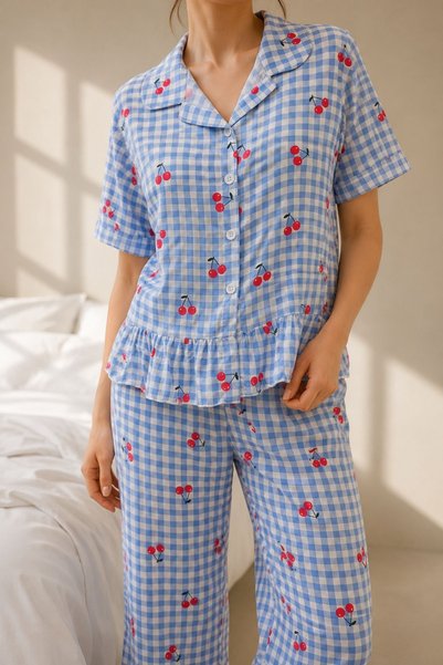 Viscose Woven Blue Gingham Cherry Patterned Ruffle Pajama Set