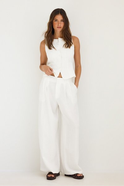 Wide-Leg Trousers in Linen Blend with Adjustable Buttons