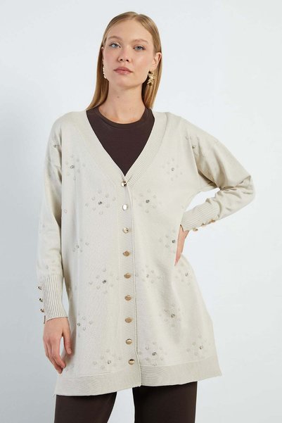 Stone Embroidered V-Neck Knitwear Cardigan