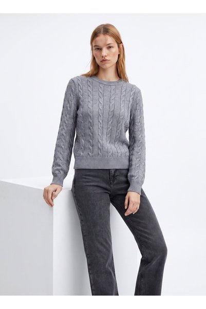Gray Women's Crew Neck Regular Fit Herringbone Sweater F6Wl-Kzk0045