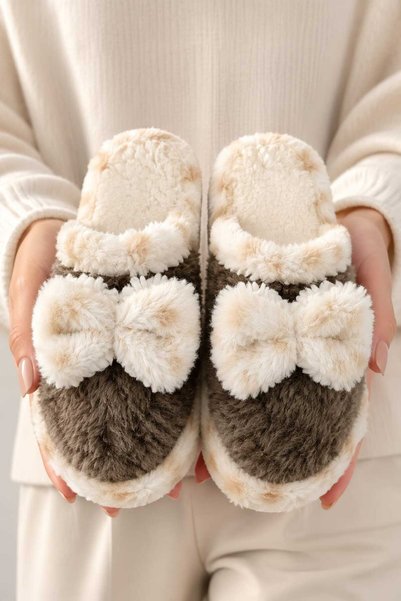 Women'S, Plush Home Slippers, Soft Furry, Bowknot, Comfortable Winter Home Slippers