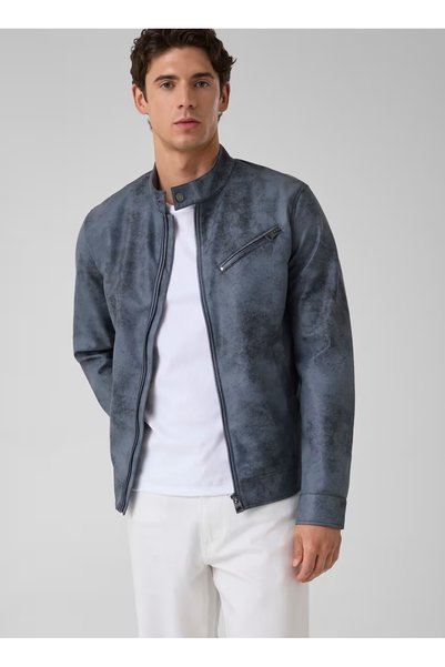 Blue Men's Coat M6Yl15W2806-Fbit Leat Biker Jacket