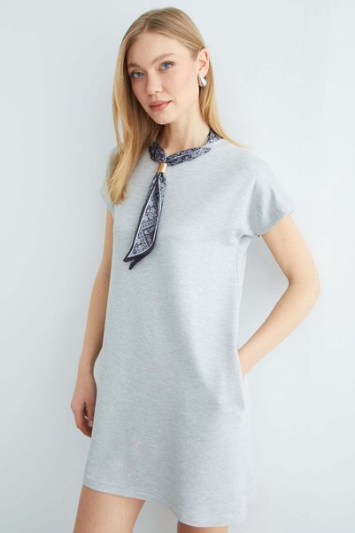 Scarf Detailed Crew Neck Dress