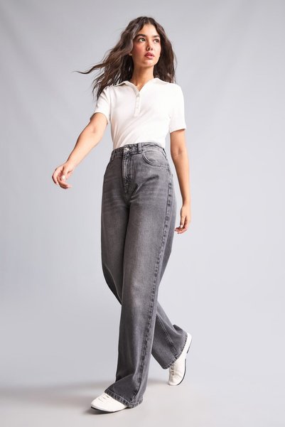100% Cotton 90's Wide Leg High Waist Jean Trousers F2943Ax25Wn