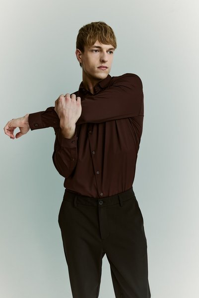 Modern Fit Long Sleeve Dark Burgundy Shirt H8114Ax26Au