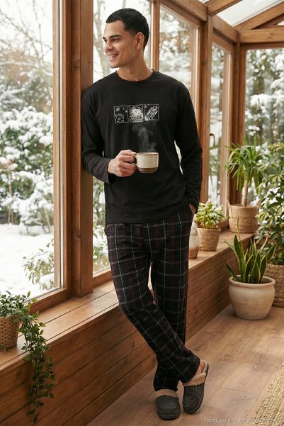 Plaid Cotton Regular Fit High Waist Crew Neck Pajama Set Men's Pajama Set 65740