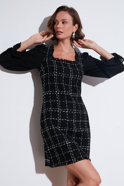 Regular Fit Square Neck Balloon Chiffon Sleeve Mini Dress Dress 611El0532