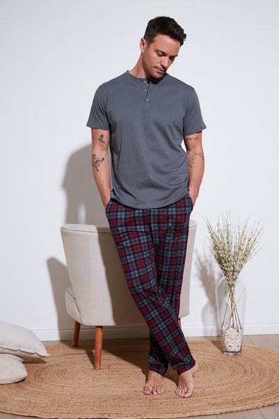 Plaid Cotton Elastic Waist Regular Fit Short Sleeve Pajama Set Men's Pajama Set 65720