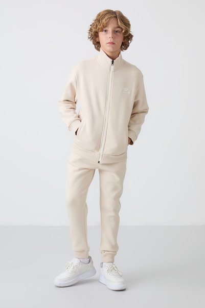 Beige Cotton Thick Fleece Lined Soft Textured Standard Fit Embroidered Boys' Tracksuit Set - 11256