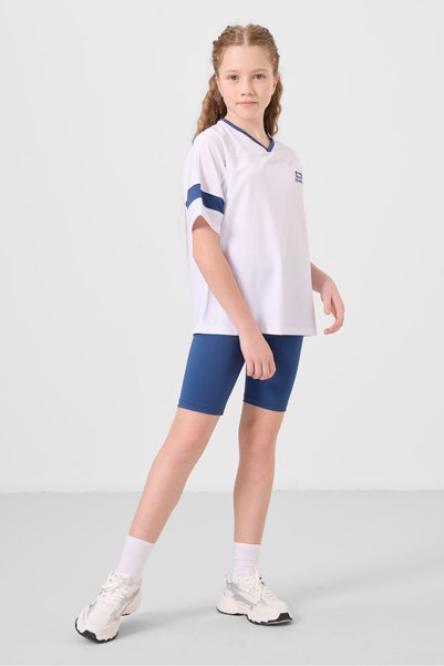 White-Parliament V-Neck Belt Detailed Standard Fit Performance Girl's Tights Suit - 75187