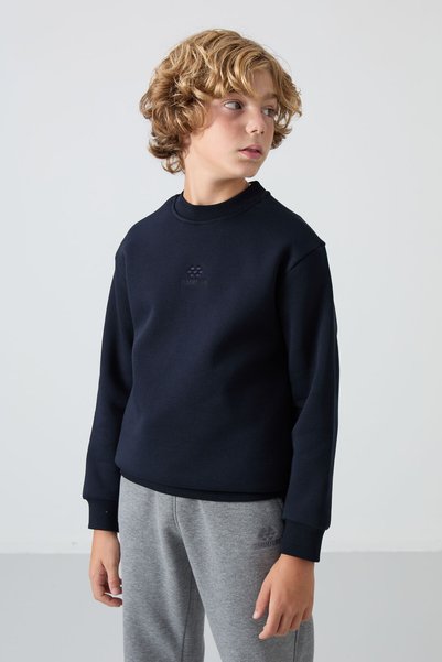 Navy Blue Cotton Thick Inside Hairy Soft Textured Standard Fit Embroidered Boys' Sweatshirt - 11232