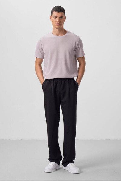 Black Surface Textured Comfortable Form Palazzo Men's Trousers - 82163