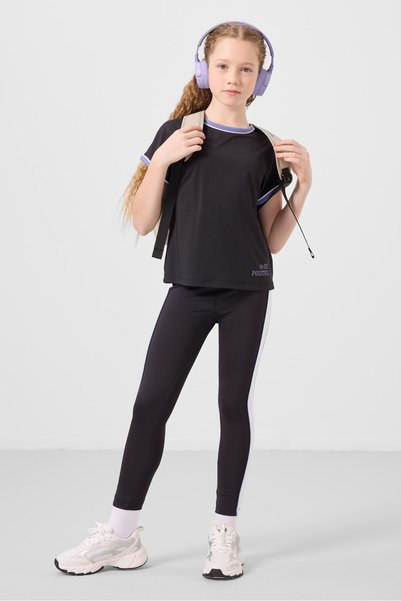 Black O Neck Side Stripe Detailed Standard Fit Performance Girls' Tights Set - 75191