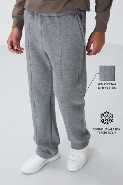 Gray Melange Cotton Thick Furry Inside Soft Textured Oversize Embroidered Men's Sweatpants -82146
