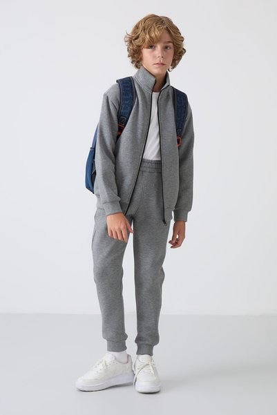 Gray Melange Cotton Thick Fleece Lined Standard Fit Embroidered Boys' Tracksuit Set - 11256