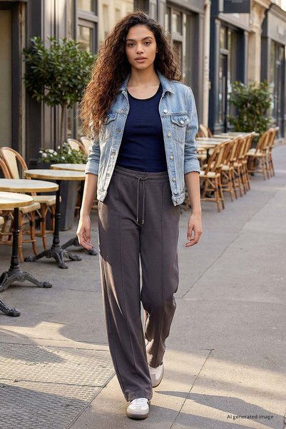 Dark Gray Soft Textured Women's Palazzo Trousers with Pocket Front Seam Detail - 94670