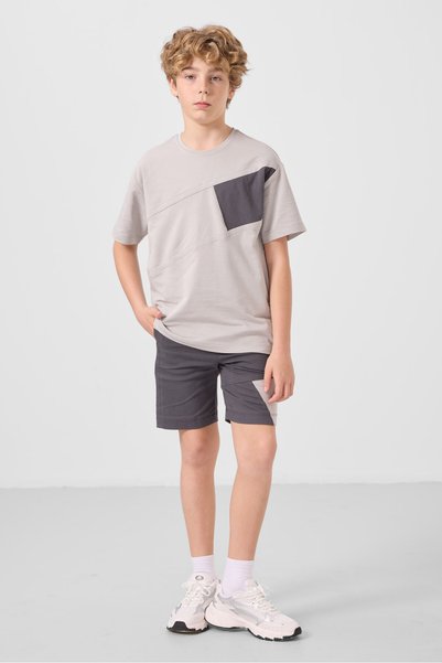 Stone-Anthracite Cotton Oversize Fit Woven Lightweight Flexible Chino Boy Shorts Suit - 11275