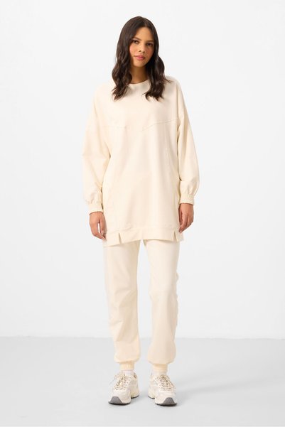 Ecru O Neck Basic Oversize Women's Tracksuit Tunic Set - 95347