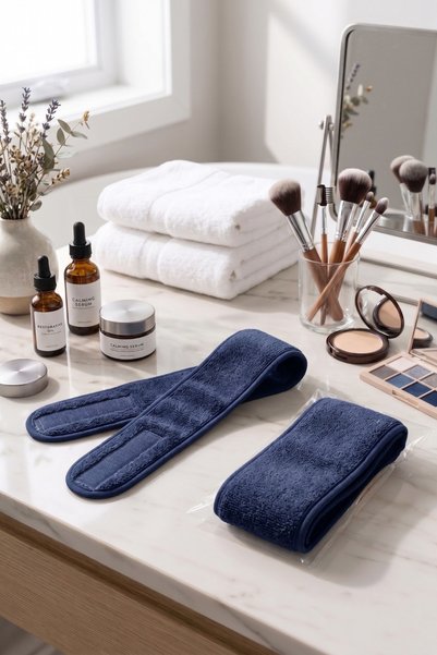 Navy Blue Towel Makeup and Skincare Headband - Adjustable Velcro Spa Face Washing Headband