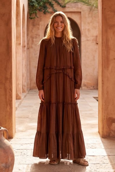 Lace-Up Dress with Ruffle Detail on the Front 330353 Brown
