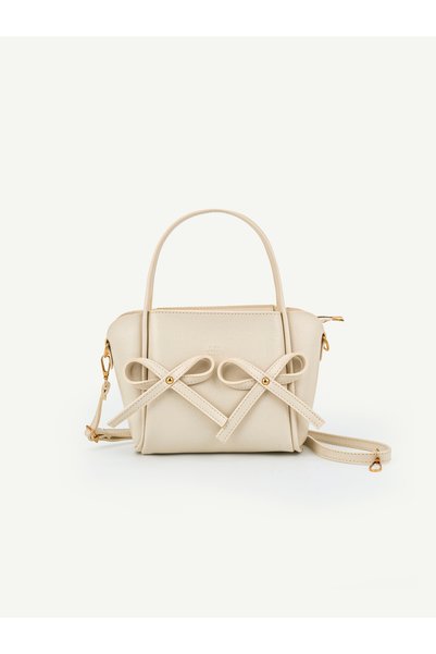 Cream Shk342 Faux Leather, Zippered, Bow Detail, Long Strap, Hand, Arm and Shoulder Bag