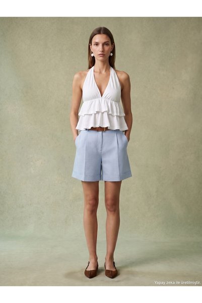 72764 100% Linen Belted Shorts-Blue
