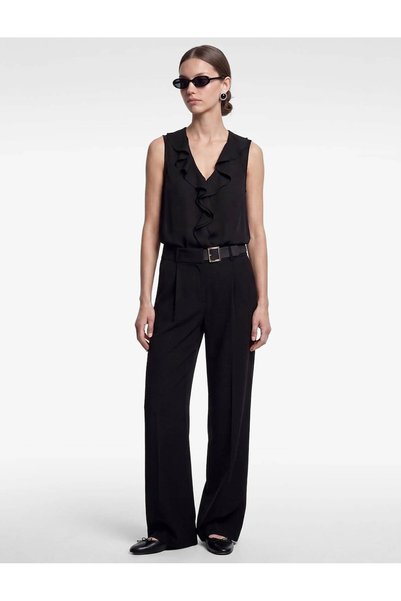 Flywheel Detailed V-Neck Sleeveless Black Women's Blouse 7Wak60074Uw