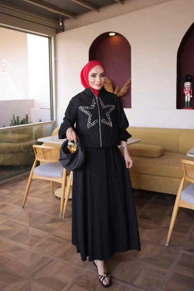 Black Star Stone Embroidered Jacket and Skirt Set