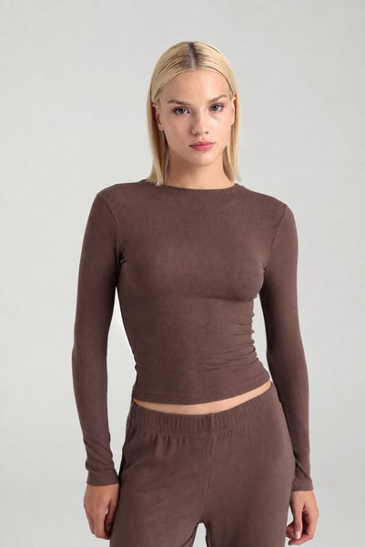Soft Rib Round Neck Blouse Brown