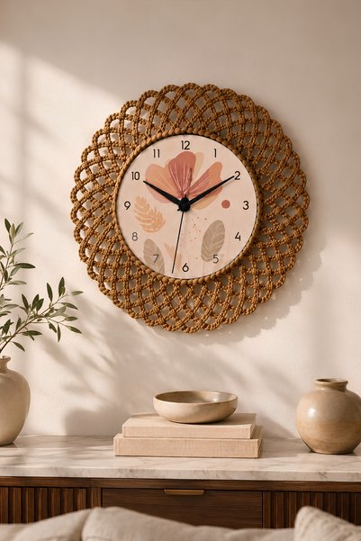 Bohemian Rope Rattan Look Modern Wall Clock - Decorative Silent Living Room Wall Clock - 43 cm
