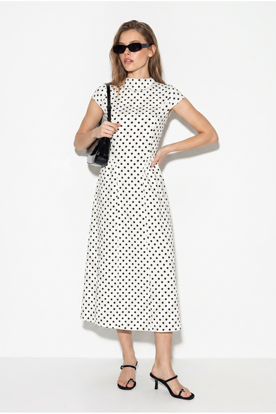 Women's White Black Back Lace-Up Polka Dot Long White Woven Dress 60286292