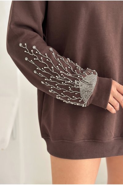 Brown Sleeves Beaded And Stone Embroidered 100% Cotton Sweatshirt