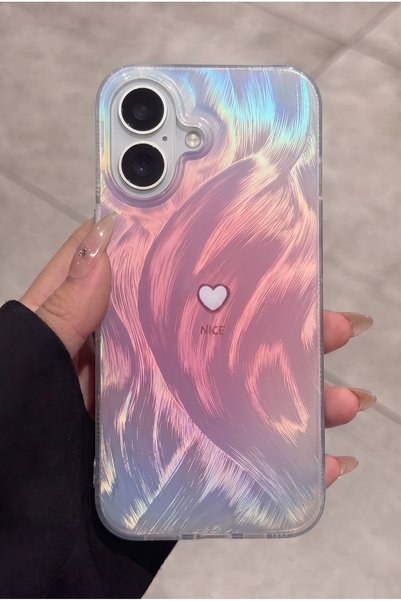iPhone 17 Compatible Pink Feather Wave Patterned Small Heart Design Protective Phone Case