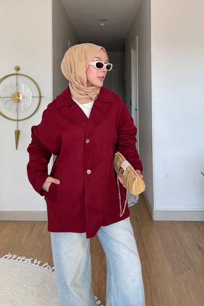 Burgundy Buttoned Oversized Canvas Jacket