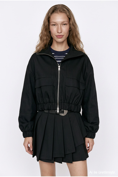 Elastic Waist Pocketed Bomber Jacket Black