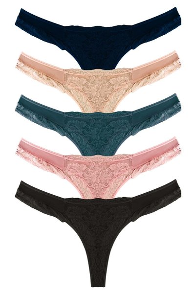 Lace Transparent Tulle Detailed Large Size Women's Thong Panties 5 Pack-2