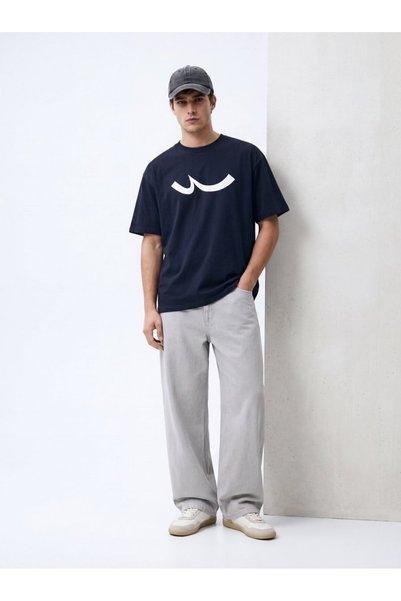 Regular Fit Sign Printed Navy Blue T-Shirt