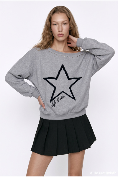 Kayık Collar Star Printed Sweatshirt Grimelanj