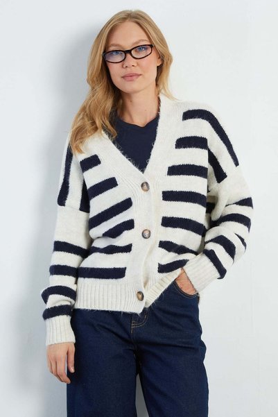 Striped Buttoned V-Neck Oversized Knitwear Cardigan
