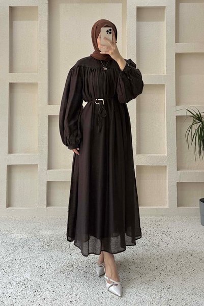 Belt Detailed Hijab Dress Bitter Brown